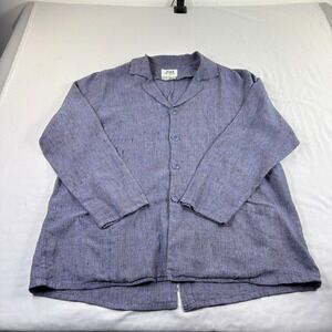 Flax Linen Shirt Womens Medium Blue Jeanne Engelhart Button Up Long Sleeve Beach